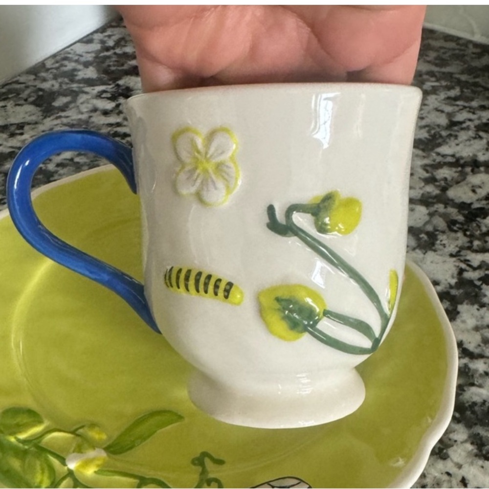 Anthropologie Floral Ceramic Mug with Blue Handle